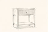 Pencil sketch of the Tonara nightstand, drawn from the same three-quarter view