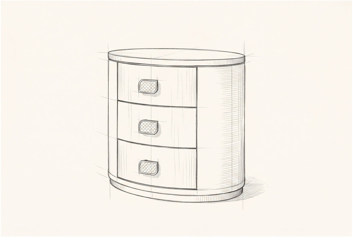 Pencil sketch of the Tortoli oval nightstand, drawn from the same three-quarter view