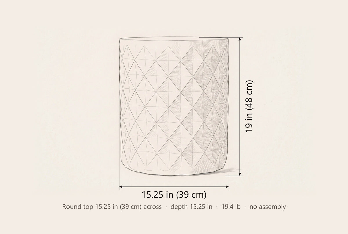 Tortorici side table dimensions: 15.25 in wide, 19 in high