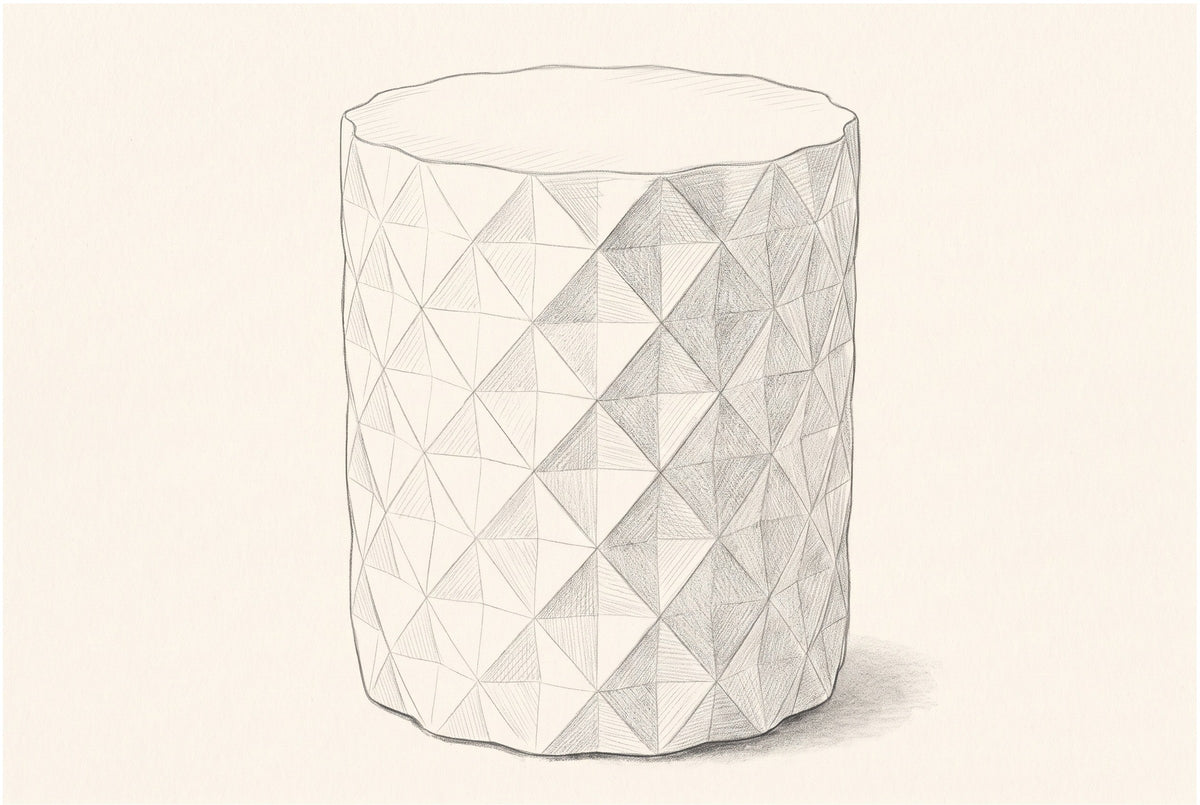 Pencil sketch of the Tortorici side table, drawn from the same three-quarter view