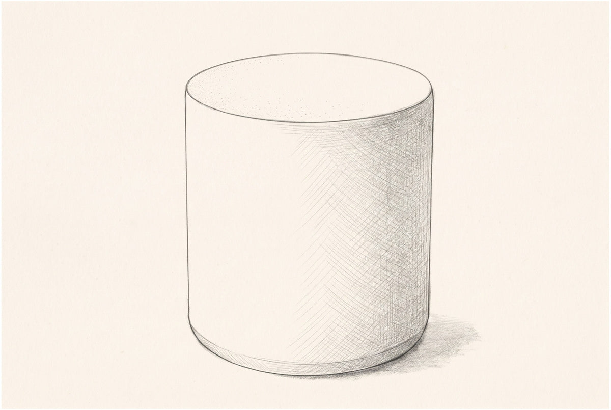 Pencil sketch of the Trabia smooth drum side table, three-quarter view