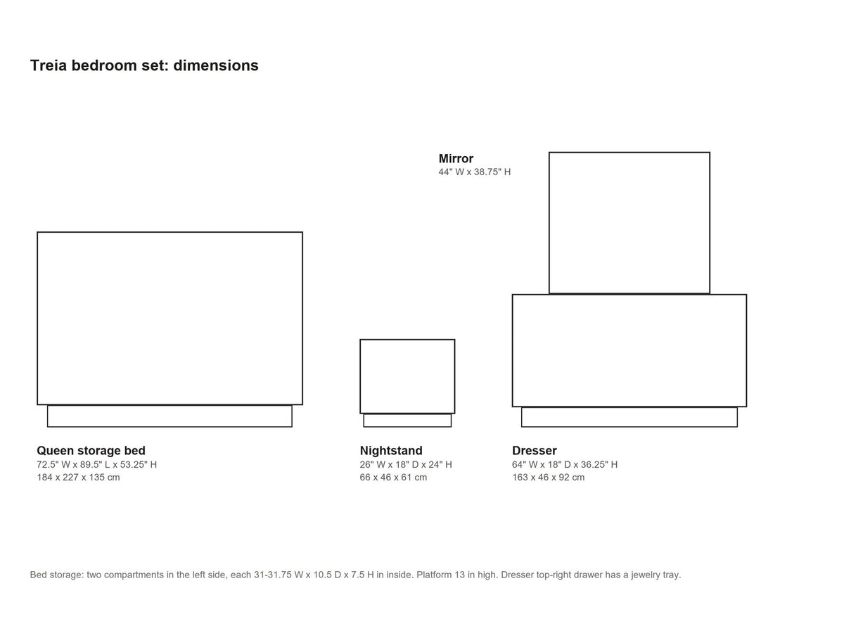 Treia Smokey Walnut Storage Bedroom Set: Dimensions