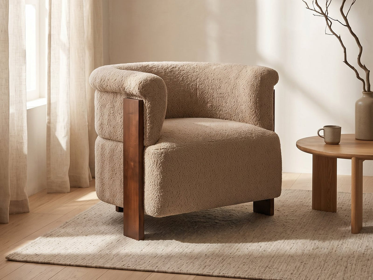 Trevi Wood Plank Barrel Chair in a sunlit room