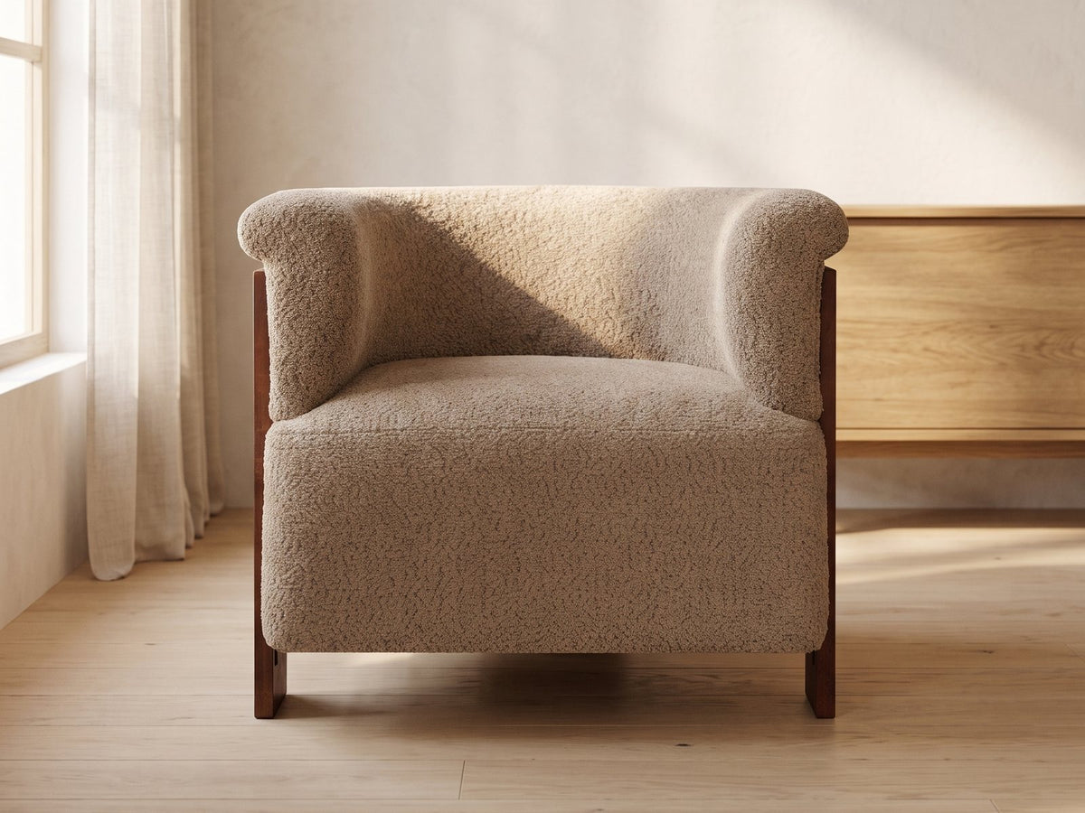Trevi Wood Plank Barrel Chair in a bright interior