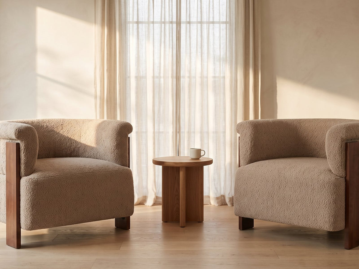 The Trevi barrel chair styled in a room setting