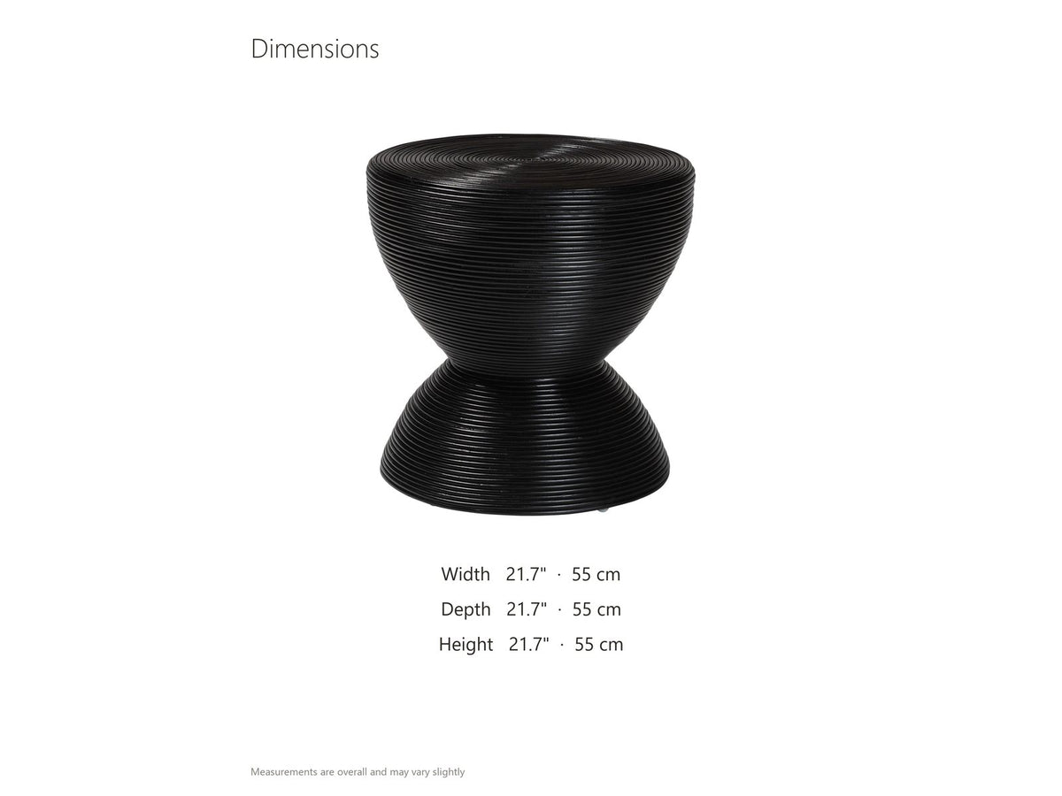 Tricase Black Rattan Hourglass Side Table dimensions: 21.7 in wide, 21.7 in deep, 21.7 in high