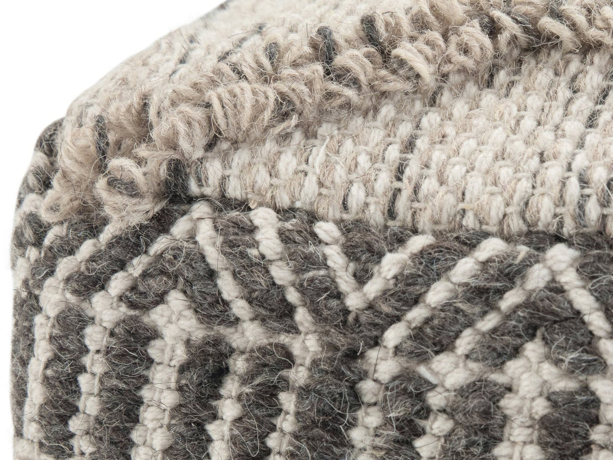 Close-up of the Triora Handloom Wool and Cotton Square Pouf: the heathered wool and cotton weave, the raised loop line and the charcoal band at a top corner