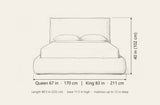 Trivento bed dimensions: Queen 67 in wide, King 83 in wide, both 88.5 in long and 40 in high, with an 11.5 in base