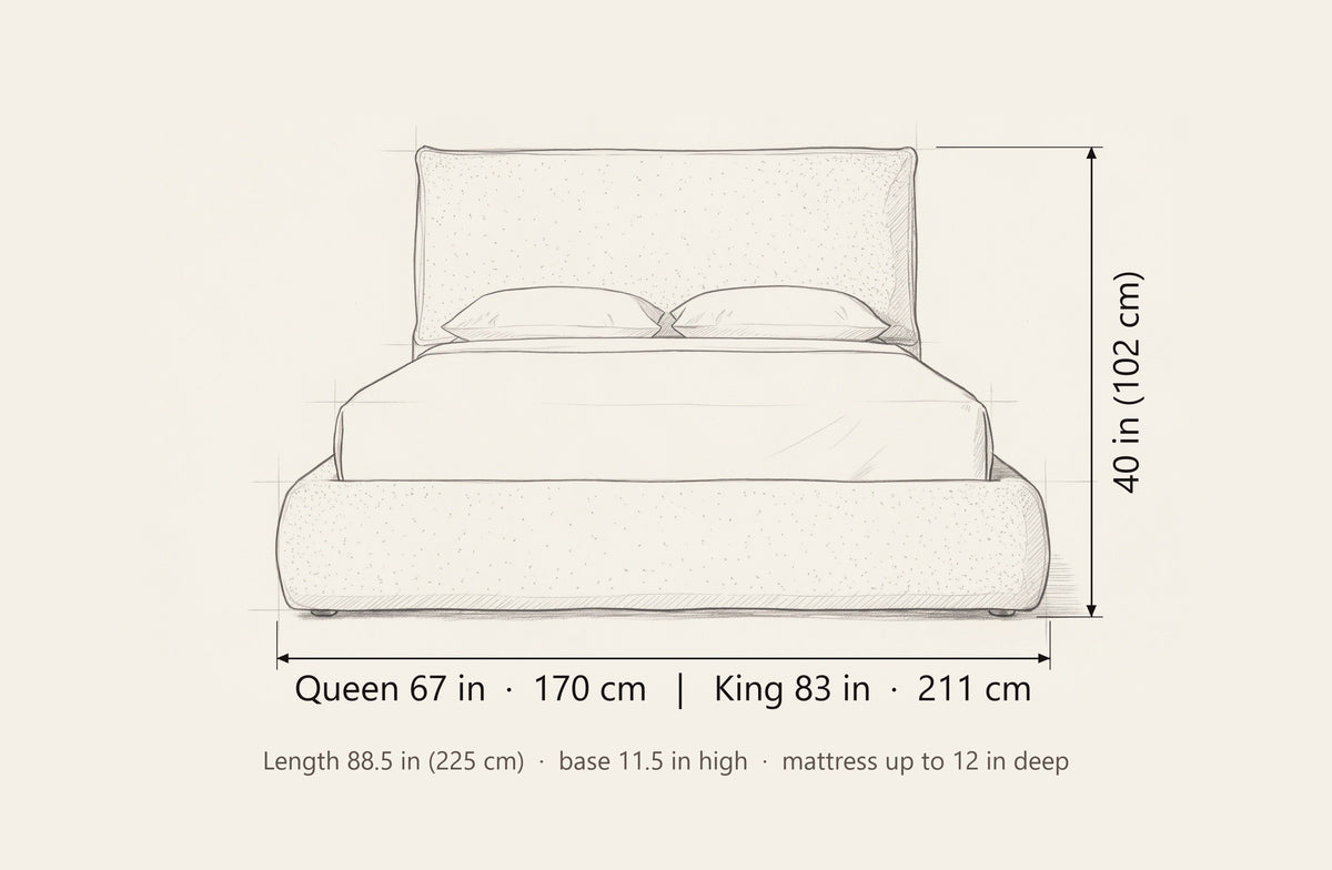 Trivento bed dimensions: Queen 67 in wide, King 83 in wide, both 88.5 in long and 40 in high, with an 11.5 in base