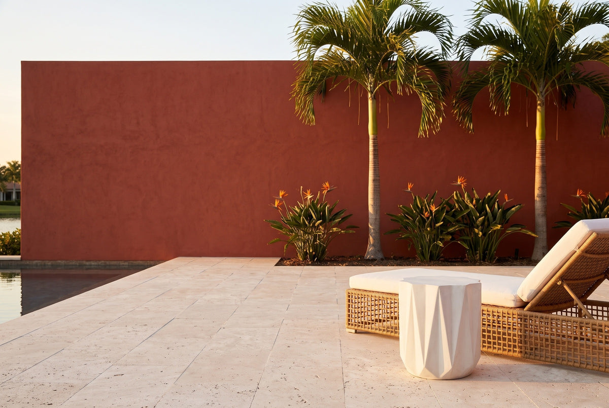 Troina antique white faceted concrete side table on travertine beside a woven lounge chair at a Naples pool terrace, a terracotta-red wall, birds of paradise and palms behind (chair not included)