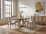 Tropea 54-Inch Round Extending Mindi Veneer Dining Set with 4 Chairs and Server in an industrial loft dining area