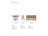 Tropea dining set dimensions: round table 54 in across and 31.75 in high, extending to an oval with its leaf; each chair 20.5 in wide, 24.5 in deep and 36.25 in high; server 68 in long, 18 in deep and 38.75 in high