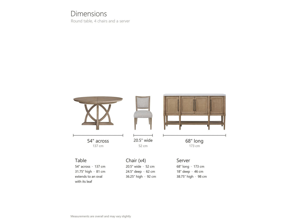 Tropea dining set dimensions: round table 54 in across and 31.75 in high, extending to an oval with its leaf; each chair 20.5 in wide, 24.5 in deep and 36.25 in high; server 68 in long, 18 in deep and 38.75 in high