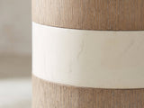 Close-up of the Tuglie Cerused Toffee Drum Side Table: the cream band set into the cerused wood drum