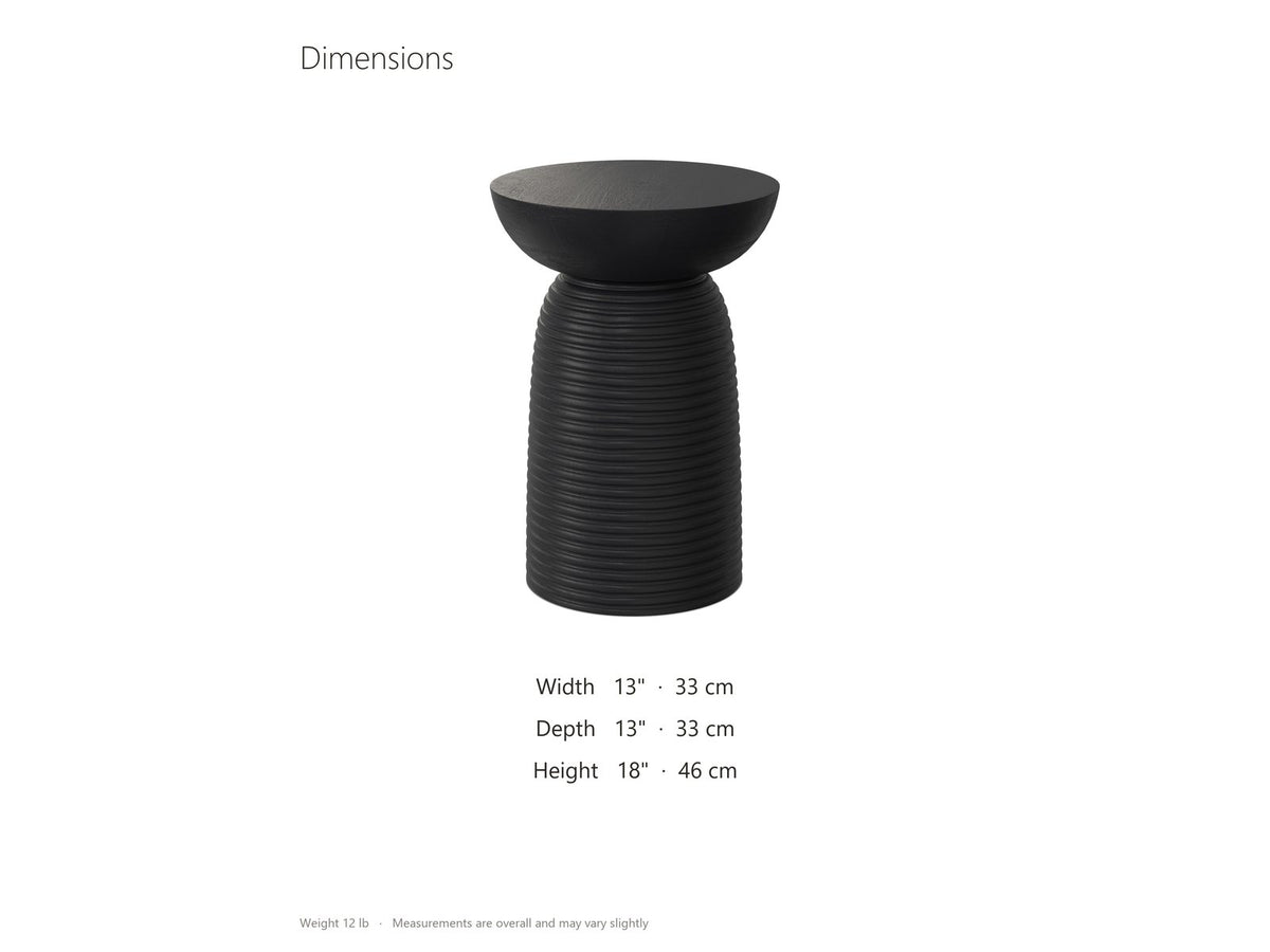 Tursi Black Mango Ribbed Pedestal Side Table dimensions: 13.0 in wide, 13.0 in deep, 18.0 in high