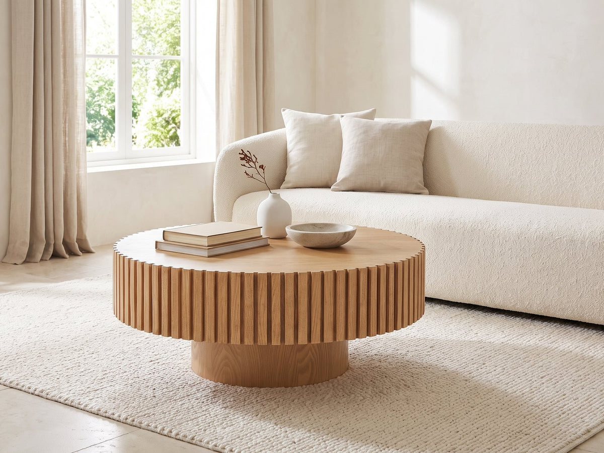Udine Natural Wood Veneer Fluted Pedestal Coffee Table styled with books, a vase and a stone bowl in front of a cream sofa in a bright plaster room