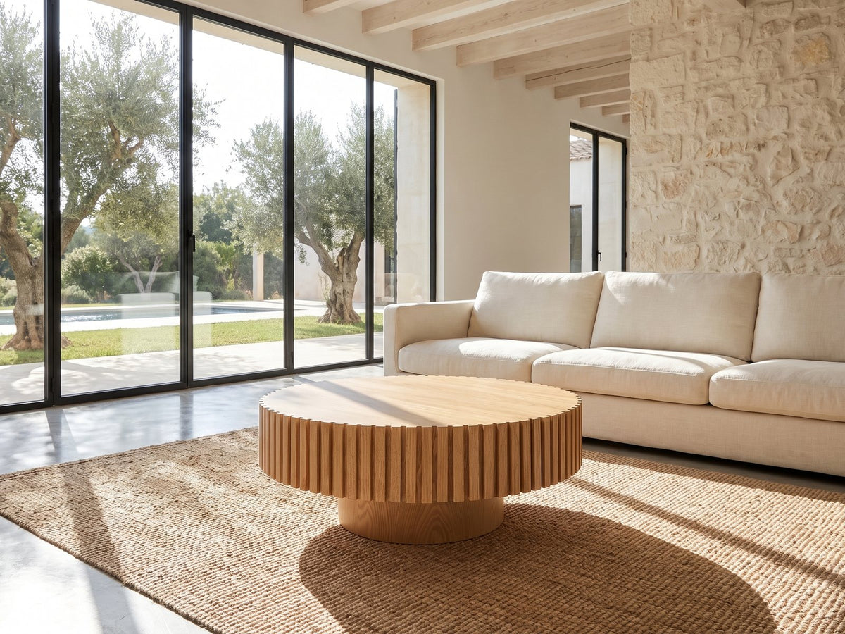 Udine Natural Wood Veneer Fluted Pedestal Coffee Table on a jute rug in front of a linen sofa in a poolside villa