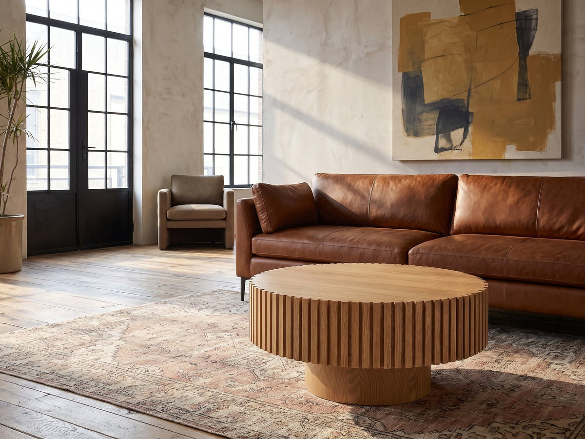 Udine Natural Wood Veneer Fluted Pedestal Coffee Table on a vintage rug in front of a leather sofa in an industrial loft