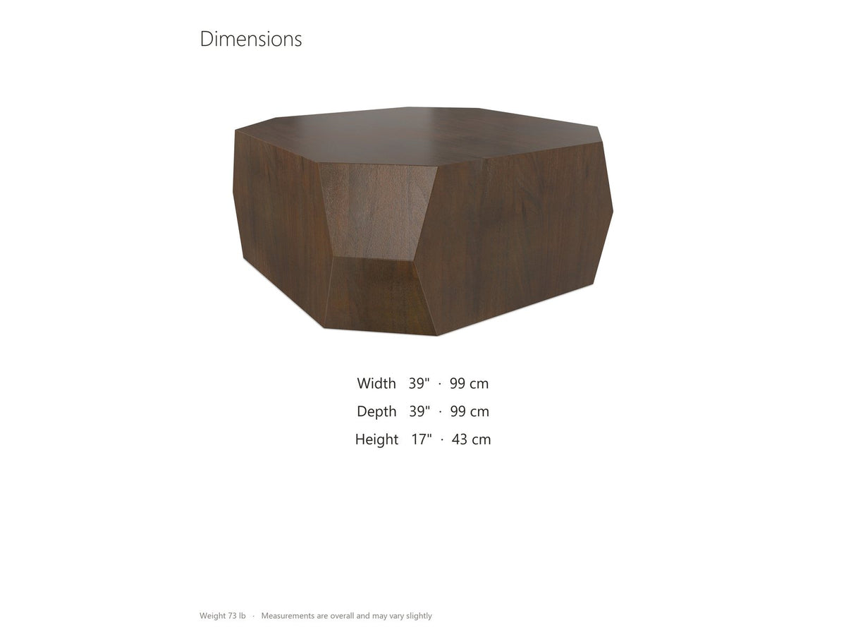 Urbino Acacia Veneer Faceted Coffee Table dimensions: 39.0 in wide, 39.0 in deep, 17.0 in high