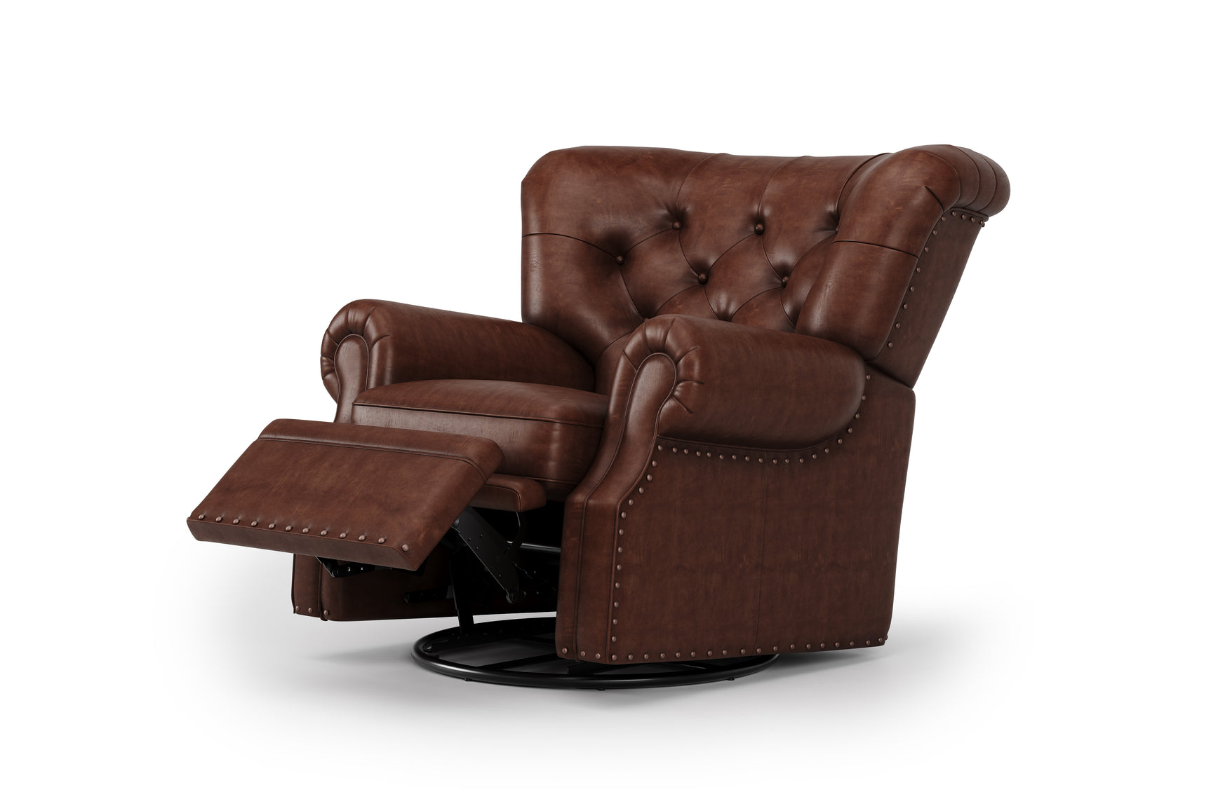 In White Background, Right Angled Open Recliner View of Valencia Liam Tufted Full-Anline Leather Recliner with Nailheads, Single Seat, Lipari Choco