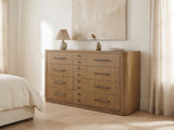 Valdagno 80-Inch Eucalyptus Veneer Dresser against a plaster wall under an abstract canvas in a bright bedroom