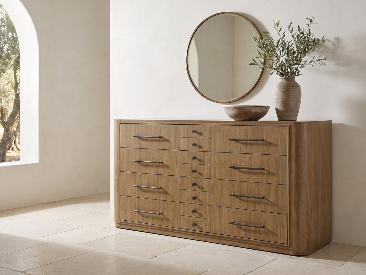 Valdagno 80-Inch Eucalyptus Veneer Dresser under a round bronze mirror in a villa bedroom