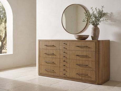 Valdagno 80-Inch Eucalyptus Veneer Dresser under a round bronze mirror in a villa bedroom