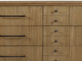 Close-up of the Valdagno 80-Inch Eucalyptus Veneer Dresser: dark bronze bar pulls and faceted octagonal knobs on eucalyptus veneer drawer fronts