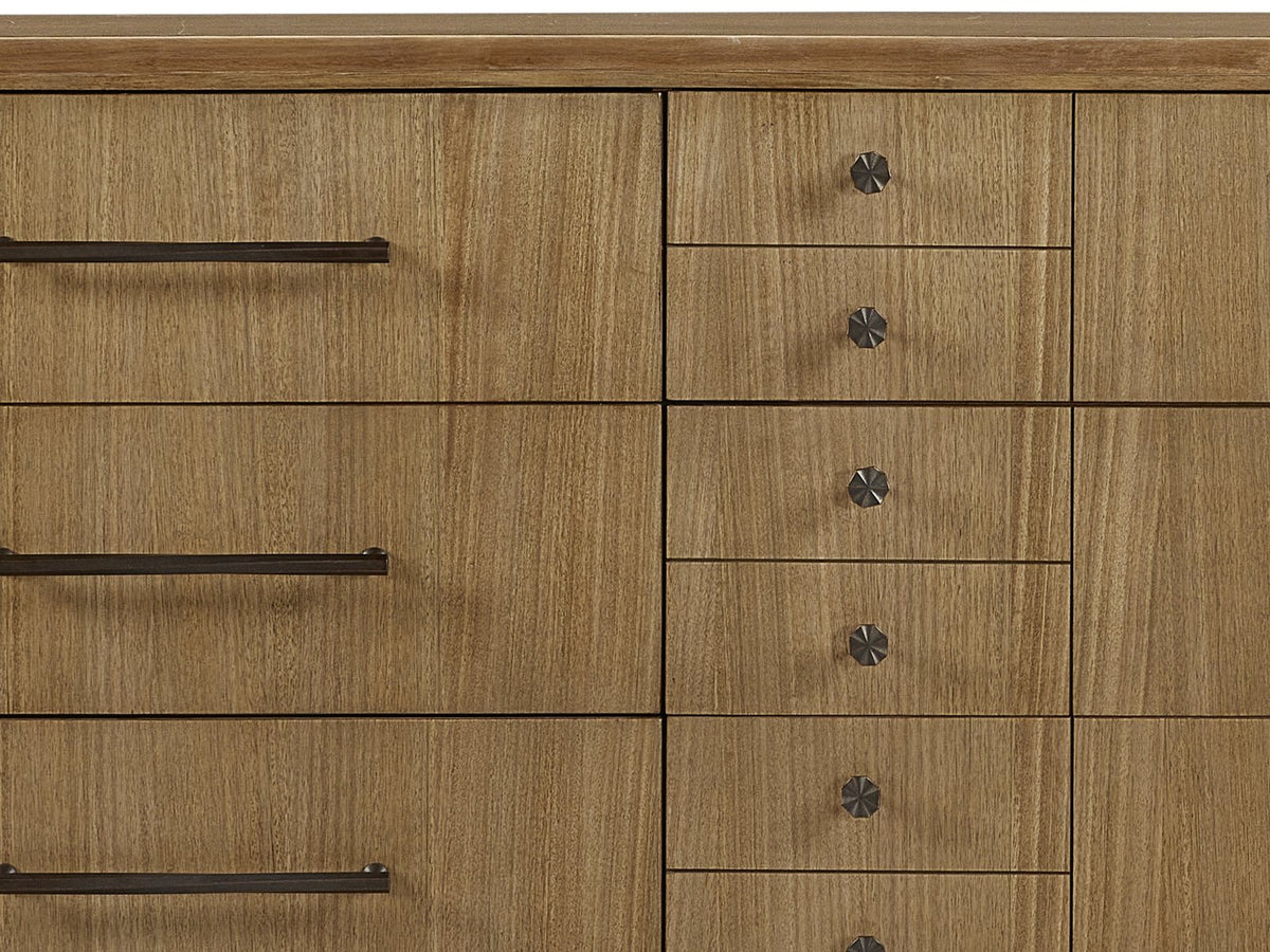 Close-up of the Valdagno 80-Inch Eucalyptus Veneer Dresser: dark bronze bar pulls and faceted octagonal knobs on eucalyptus veneer drawer fronts