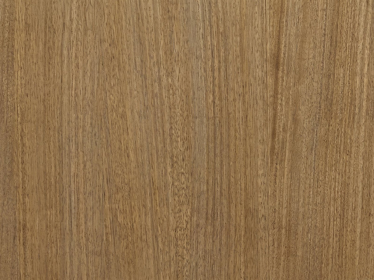 Close-up of the Valdagno 80-Inch Eucalyptus Veneer Dresser: the striped eucalyptus veneer of a drawer front