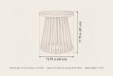 Valderice side table dimensions: 15.75 in round top, 17.75 in high, base 15 in across at the floor