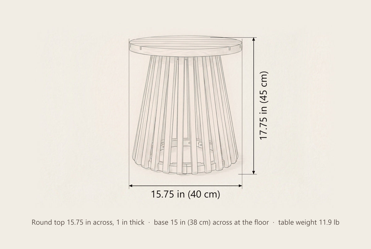Valderice side table dimensions: 15.75 in round top, 17.75 in high, base 15 in across at the floor