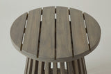 The Valderice side table seen from above: the round top of six acacia slats with narrow gaps, the slatted base just showing below