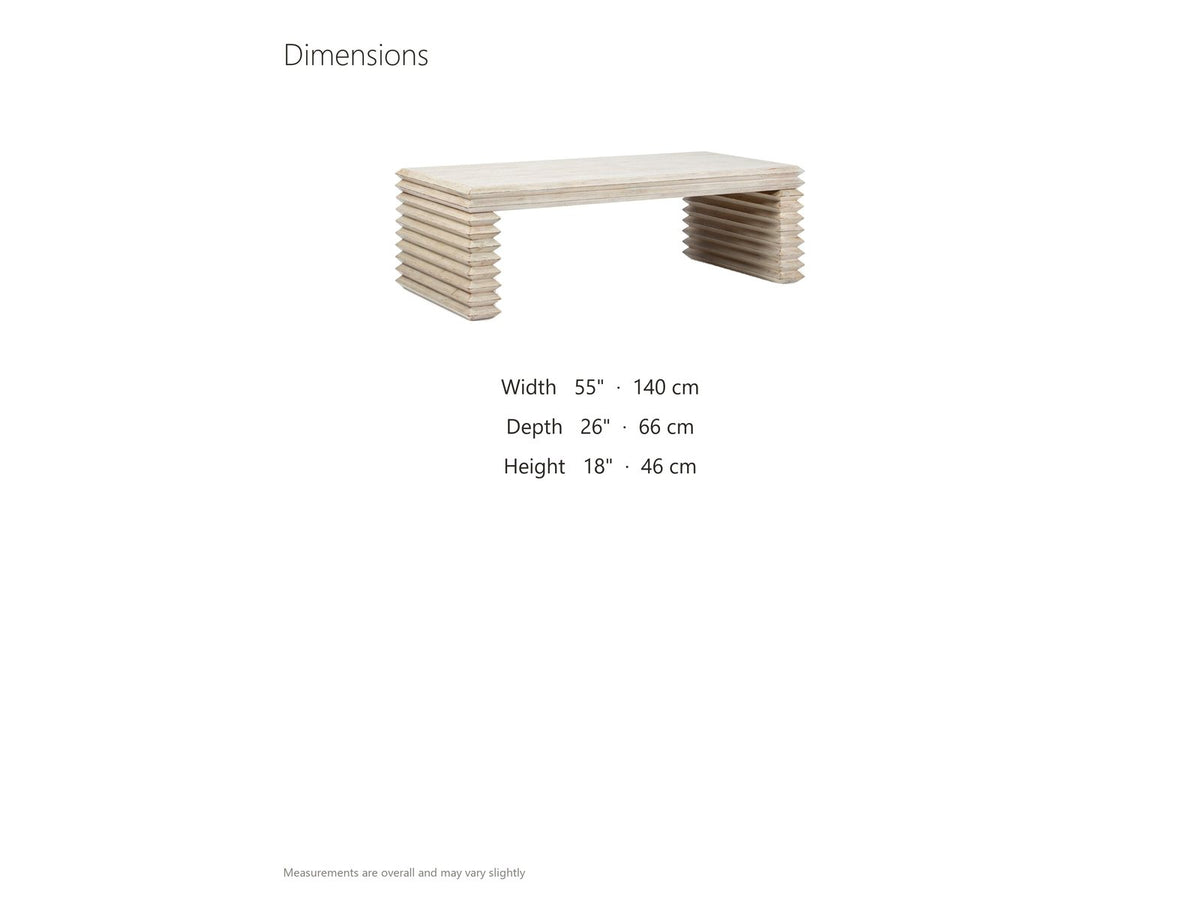 Varallo Reclaimed Pine Waterfall Coffee Table dimensions: 55.0 in wide, 26.0 in deep, 18.0 in high