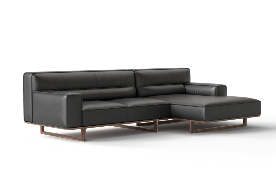 Valencia Varna Leather Three Seats with Right Chaise Sectional Sofa, Black