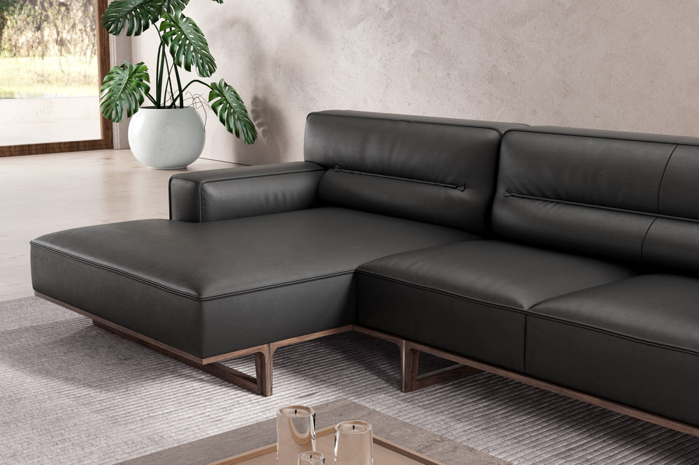 Valencia Varna Leather Three Seats with Left Chaise Sectional Sofa, Black