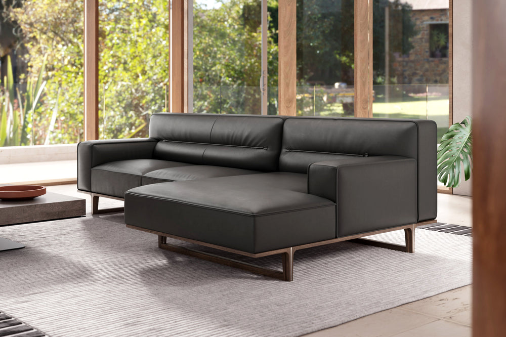 Valencia Varna Leather Three Seats with Right Chaise Sectional Sofa, Black Color