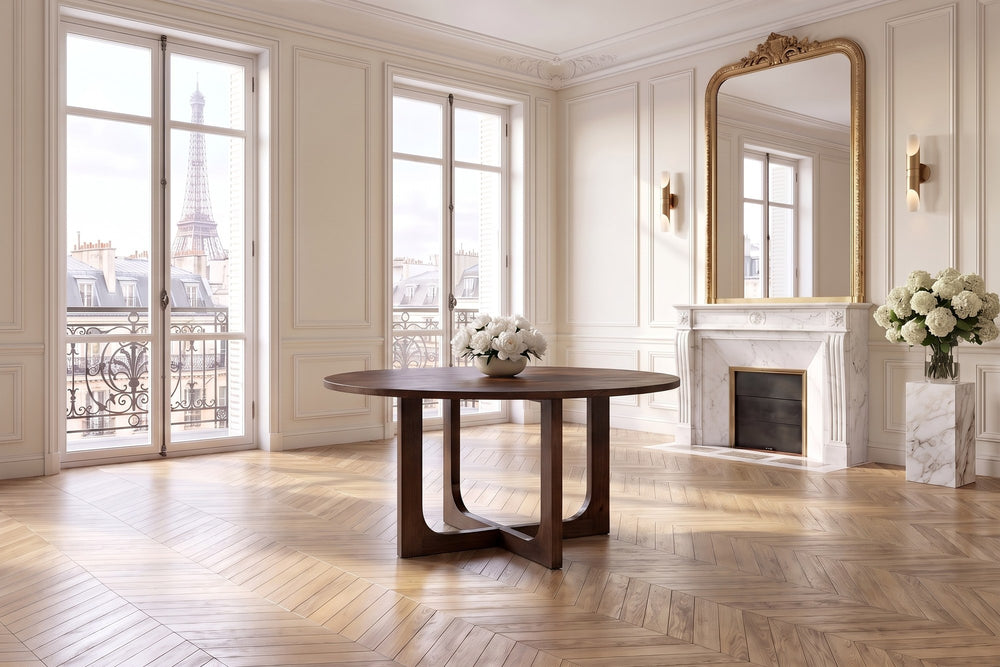 Verbicaro 60-Inch Round Reclaimed Pine Dining Table in a Paris salon