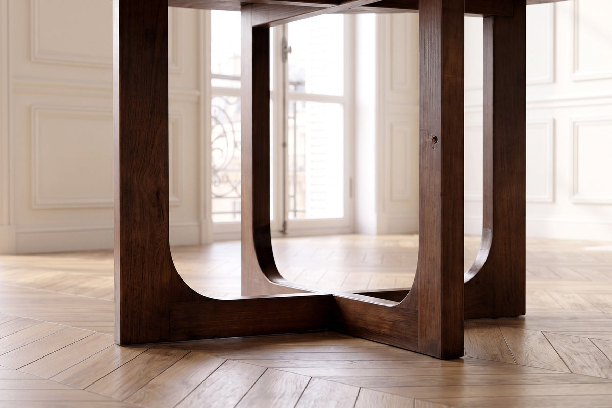 Close-up of the Verbicaro 60-Inch Round Reclaimed Pine Dining Table: base