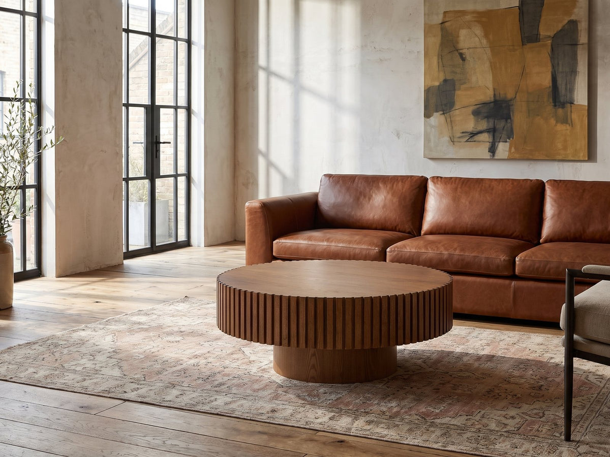 Vernazza Wood Veneer Fluted Pedestal Coffee Table on a vintage rug in front of a leather sofa in an industrial loft