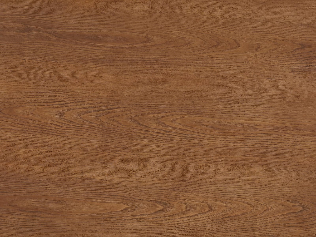 Close-up of the Vernazza Wood Veneer Fluted Pedestal Coffee Table: the brown wood veneer grain of the top