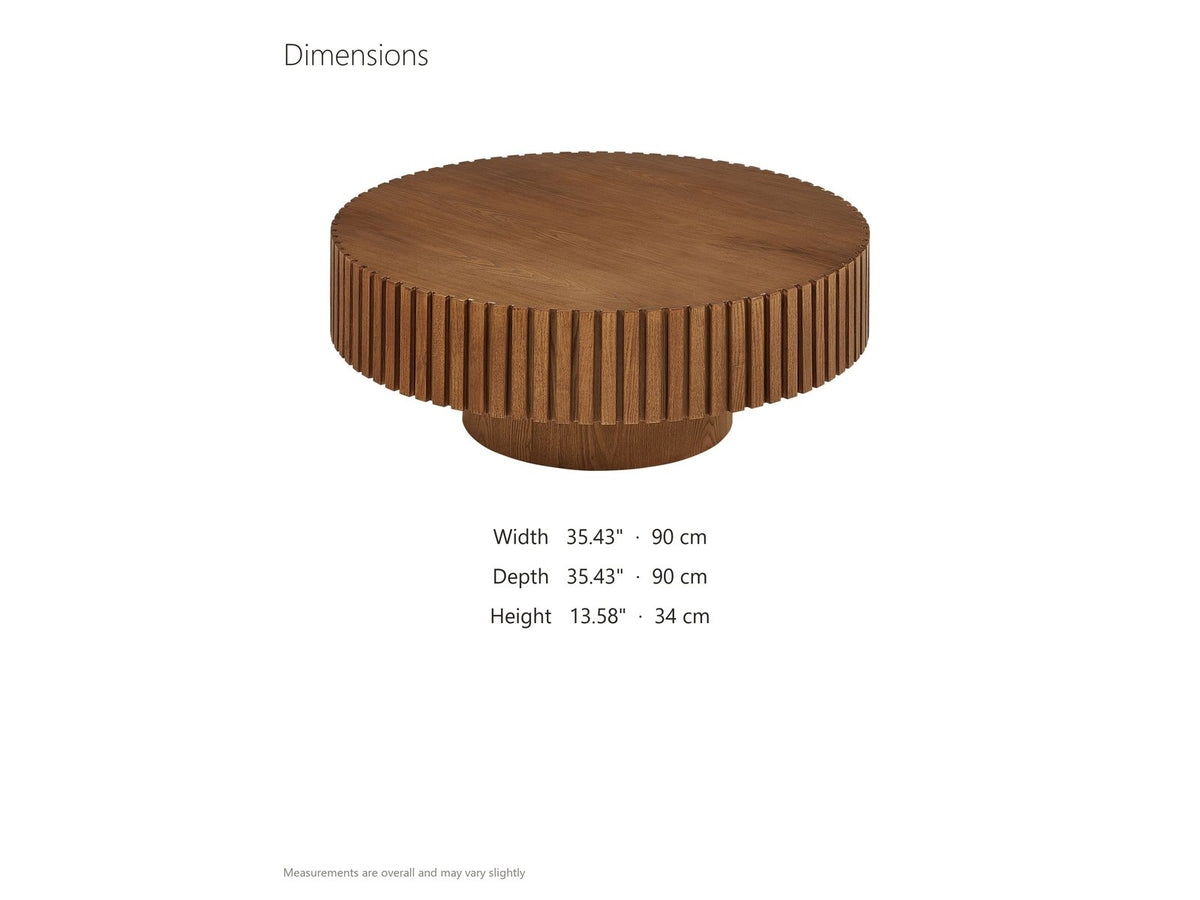 Vernazza Wood Veneer Fluted Pedestal Coffee Table dimensions: 35.43 in wide, 35.43 in deep, 13.58 in high