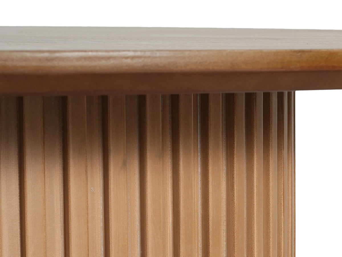 Close-up of the Veroli 47-Inch Round Fluted Pedestal Dining Set with 4 Chairs: the slatted drum pedestal under the slim edge of the round top