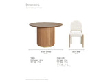 Veroli 47-Inch Round Fluted Pedestal Dining Set with 4 Chairs dimensions: table 47.25 in across and 30.5 in high; each chair 20.5 in wide, 25.5 in deep and 37.75 in high, seat 20.25 in high