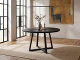 Verzino 47-Inch Round Black Acacia Sunburst Dining Table in an industrial loft dining area
