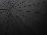 Close-up of the Verzino 47-Inch Round Black Acacia Sunburst Dining Table: the black wire-brushed acacia sunburst top