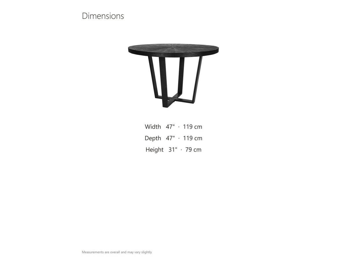 Verzino 47-Inch Round Black Acacia Sunburst Dining Table dimensions: 47 in across and 31 in high