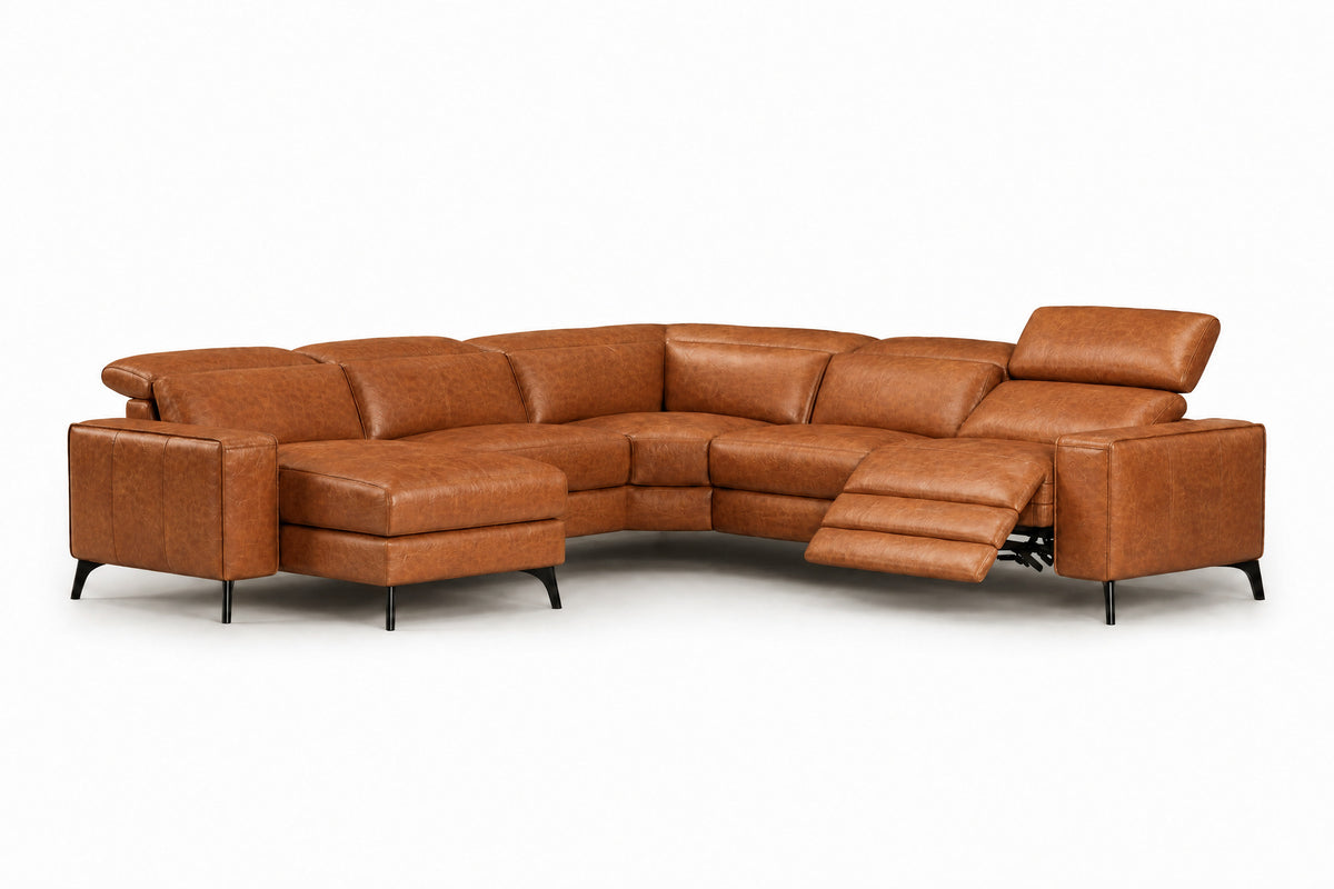 Esther Distressed Italian Aniline Leather Corner Recliner Sectional Sofa