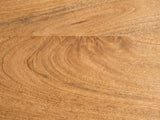 Close-up of the Viggiano Mango and Black Metal Drum Side Table: the natural mango grain of the top