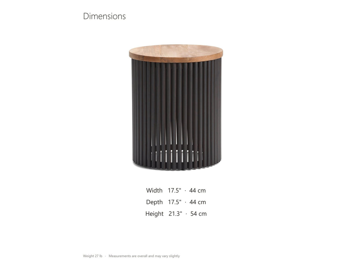 Viggiano Mango and Black Metal Drum Side Table dimensions: 17.5 in wide, 17.5 in deep, 21.3 in high